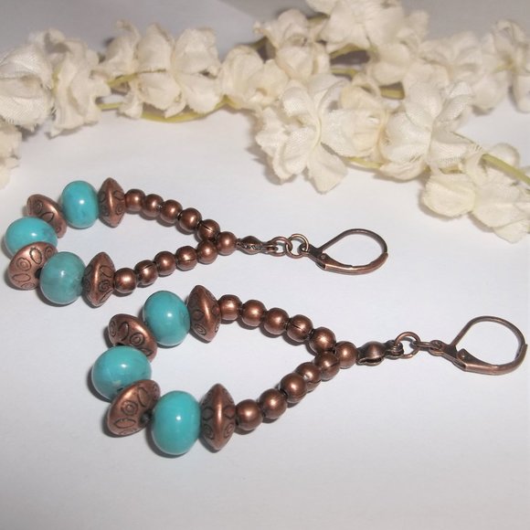 Southwestern Hoop Earrings Turquoise Blue and Rustic Copper Boho Style Set 7013 - Picture 5 of 9